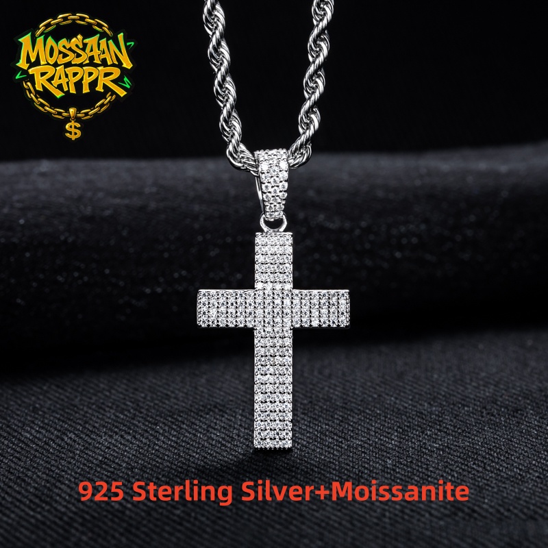 925 Sterling Silver Chain Necklace Men - MossanRappr Moissanite Bling Cross Pendant Iced