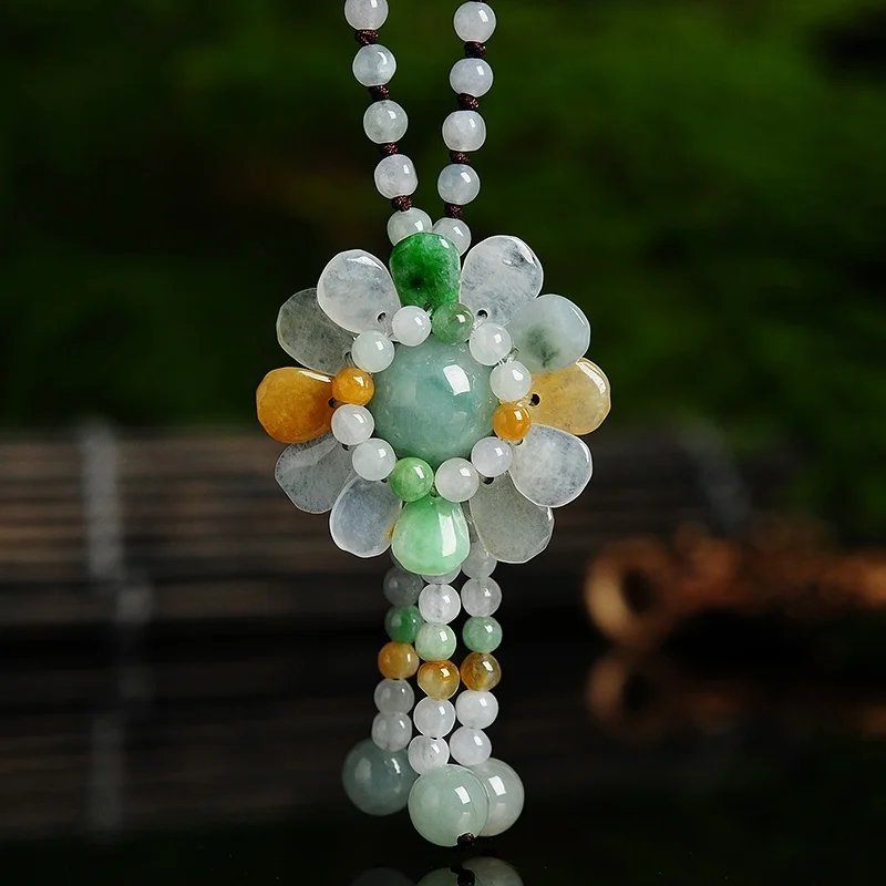 Necklaces - Certified Burmese Jade Sunflower Pendant Jadeite