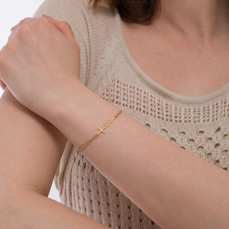 Custom Baptism Name Bracelet P - Cross Pendant Necklace Gold recension och pris
