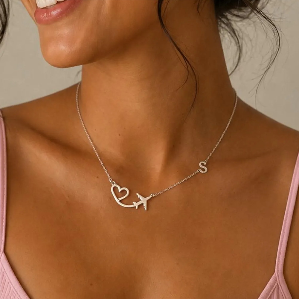 Personalized Heart Airplane In - Custom Name Necklace Stainless Steel recension och pris