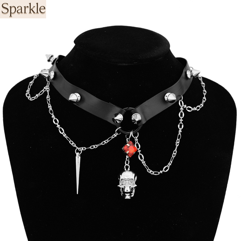 Dark Skull Leather Choker, Y2K - Goth Punk Spike Choker recension och pris